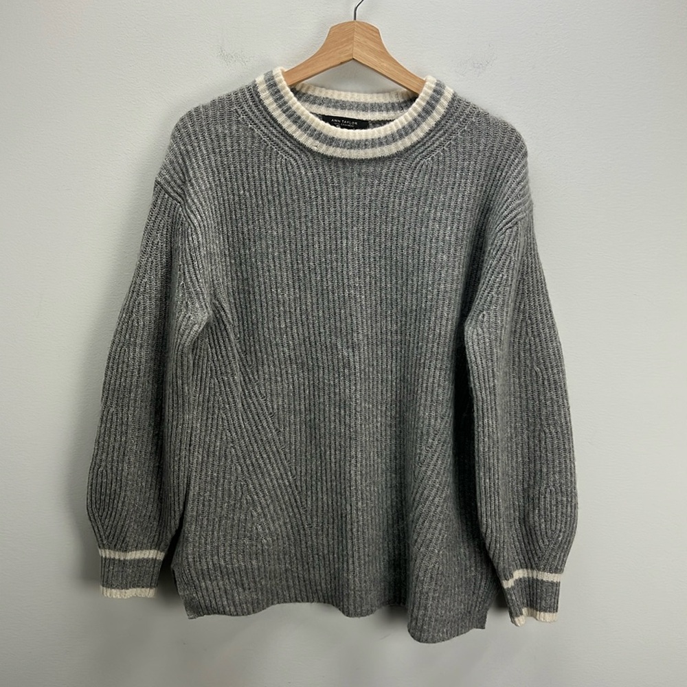 Ann Taylor Cashmere Sweater Ribbed Gray Oversized Balloon Sleeve Womens Small
